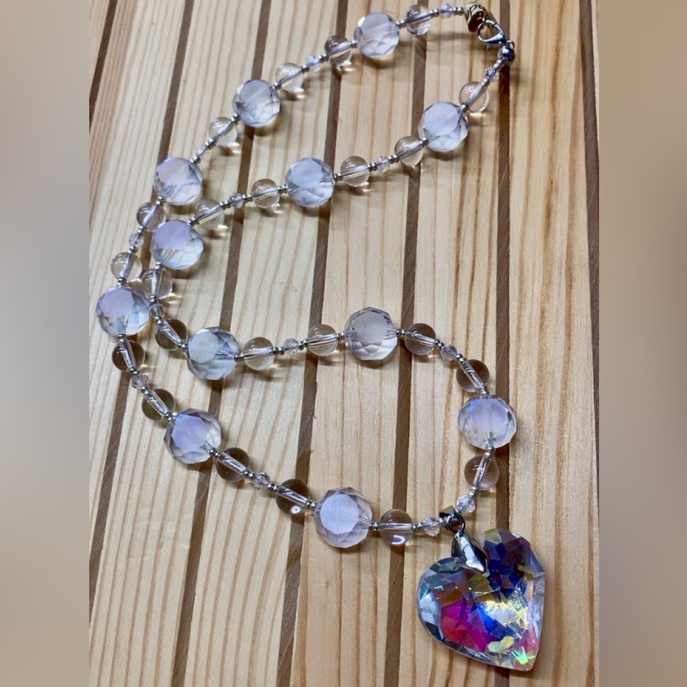 Crystal Heart Pendant Necklace - Iridescent Clear Beads